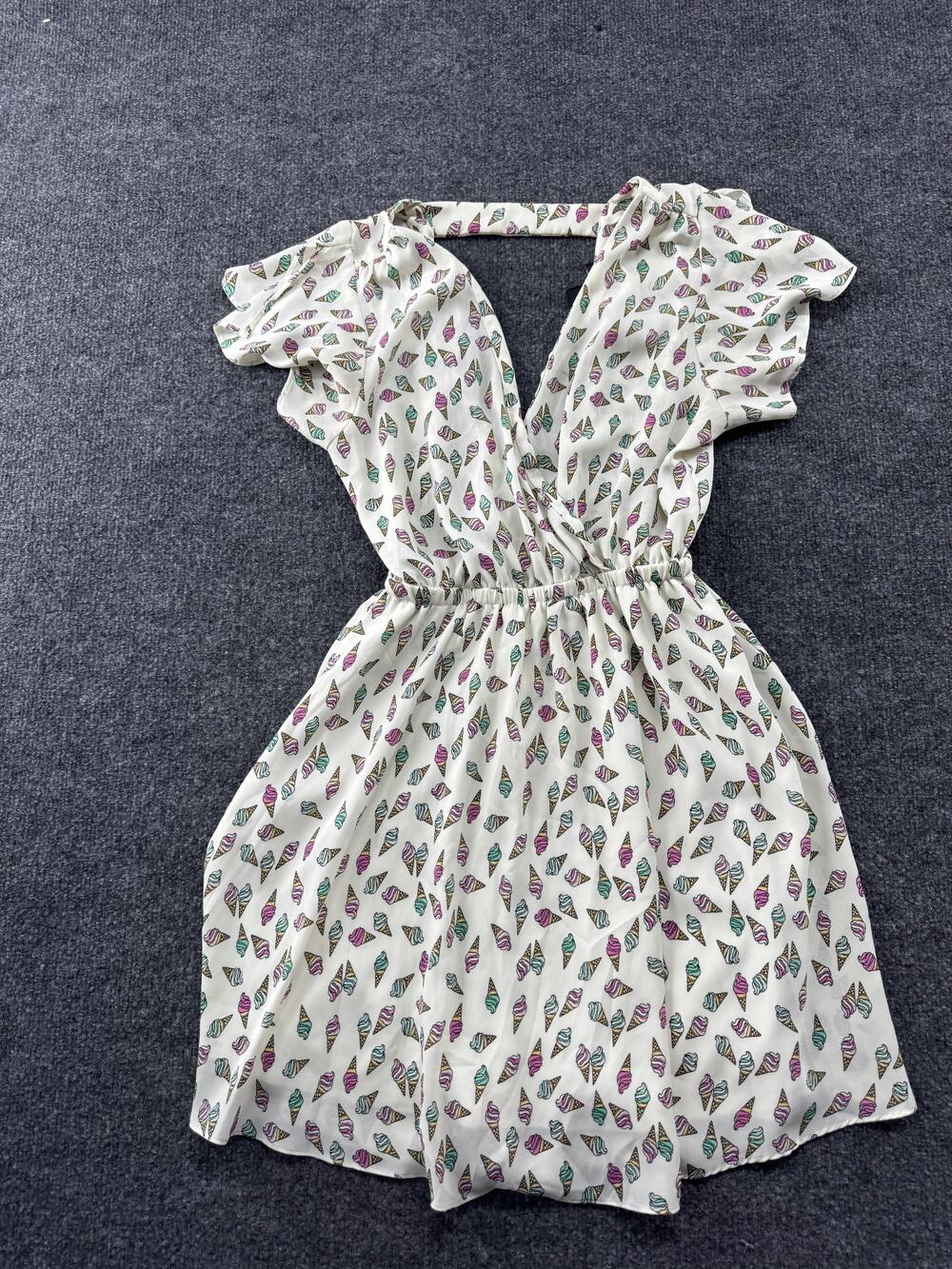 Forever 21 Dress Womens Small White Ice Cream Print Flutter Sleeve Summer
